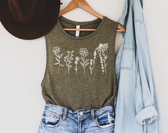 Wildflowers Plant Muscle Tank, Botanical Flower Tank Top, Floral Shirt, Gift for Women Boho Wildflower Muscle Tee