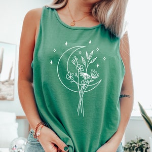 Comfort Colors Wildflowers and Moon Plant Graphic Tank, Botanical Flower Tank Top, Floral Shirt, Gift for Women Boho Wildflower Muscle Tee