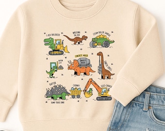 Dinosaur Truck Forklift Digging Construction Kids Youth Toddler Adult Sweatshirt Outfit baby bubble Fleece romper bodysuit | Girl Boy Family