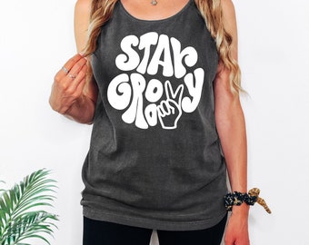 Comfort Colors stay groovy Trendy Graphic Tank, Cute Summer Tank Top, Vacation Shirt, Gift for Women Boho Beach Sleeveless Tee, Women's Tank