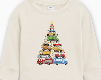 Organic Cotton Christmas Santa Christmas Tree Kids Toddler Pullover, Kids Christmas car truck shirt, Boy truck Christmas tree shirt