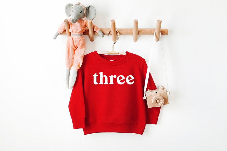 Puede incluir: Sudadera roja con la palabra "three" en letras blancas en una percha. Un elefante de peluche gris y una c&aacute;mara de juguete de madera cuelgan de la pared detr&aacute;s de la sudadera.