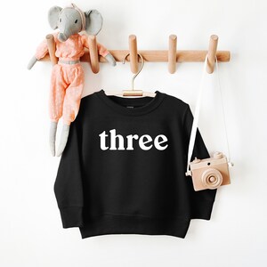 Puede incluir: Sudadera negra con texto blanco que dice "three" colgada en un estante de madera con un elefante de peluche y una c&aacute;mara de juguete.