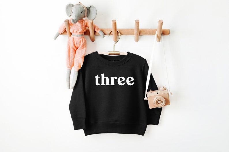 Puede incluir: Sudadera negra con texto blanco que dice "three" colgada en un estante de madera con un elefante de peluche y una c&aacute;mara de juguete.