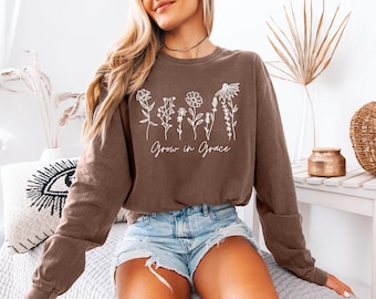 Comfort Colors Christian Grow in Grace Long Sleeve shirt, Jesus Shirt, Christian Shirt, Church shirts, Womens Graphic Tees, Faith, Easter