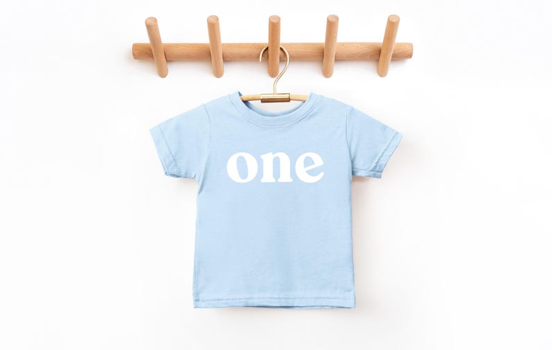 May include: A light blue toddler t-shirt with the word "one" printed in white. The shirt is hanging on a wooden hanger from a wooden wall rack. The shirt is made of soft material.