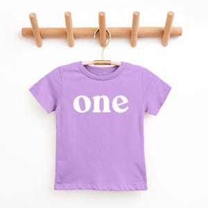 May include: A lilac-colored t-shirt with the word "one" printed in white, hanging on a wooden coat rack. The shirt is made of a soft material and is likely for a child's first birthday.