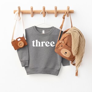 Puede incluir: Una sudadera gris con la palabra "three" impresa en blanco en la parte delantera. La sudadera est&aacute; colgada en un estante de madera con una mochila marr&oacute;n y una c&aacute;mara de juguete de madera.