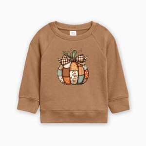 May include: A brown sweatshirt featuring a patchwork pumpkin design. The pumpkin is composed of various fabric patterns, including floral, polka dot, and plaid, with a plaid bow on top. The sweatshirt is a solid brown color.