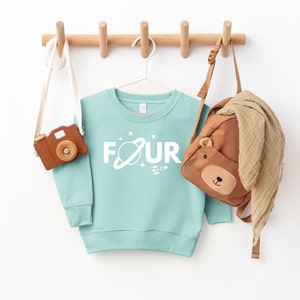 Space theme Four Sweatshirt | Space themed boy girl Four Birthday Sweatshirt, Toddler Boy Space Sweatshirt, boy sweater