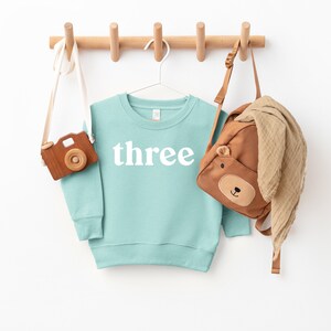 Puede incluir: Una sudadera de color azul claro con la palabra "three" impresa en blanco en la parte delantera. La sudadera est&aacute; colgada en un perchero de madera con una c&aacute;mara de juguete marr&oacute;n y una mochila marr&oacute;n con una cara de oso en la parte delantera.