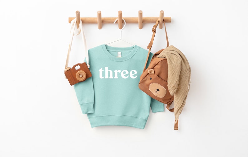 Puede incluir: Una sudadera de color azul claro con la palabra "three" impresa en blanco en la parte delantera. La sudadera est&aacute; colgada en un perchero de madera con una c&aacute;mara de juguete marr&oacute;n y una mochila marr&oacute;n con una cara de oso en la parte delantera.