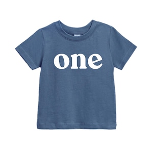 May include: A blue short-sleeved t-shirt with the word "one" printed in large, white letters across the front. The shirt has a crew neck and is likely made of cotton or a similar fabric. This shirt is suitable for a baby's first birthday.