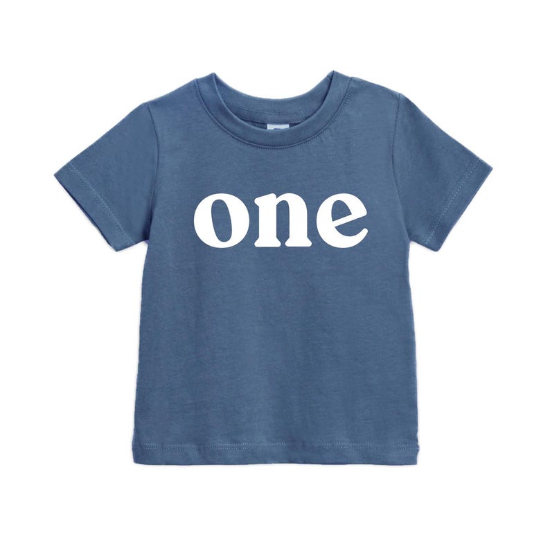 May include: A blue short-sleeved t-shirt with the word "one" printed in large, white letters across the front. The shirt has a crew neck and is likely made of cotton or a similar fabric. This shirt is suitable for a baby's first birthday.