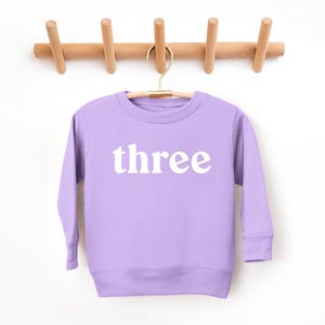 Puede incluir: Una sudadera de color lavanda con mangas largas y un gr&aacute;fico blanco que dice "three" en la parte delantera.