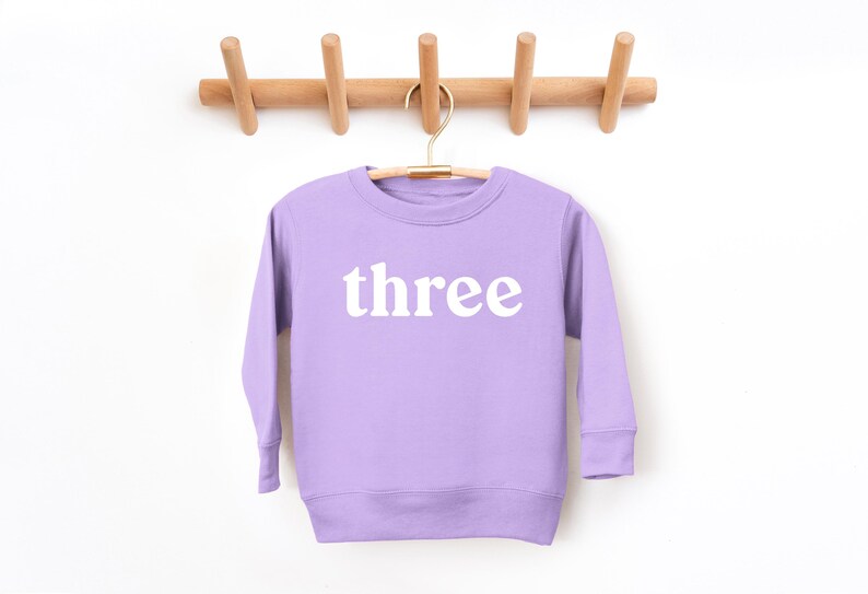 Puede incluir: Una sudadera de color lavanda con mangas largas y un gr&aacute;fico blanco que dice "three" en la parte delantera.