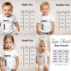 May include: Size chart for baby and toddler clothing, including baby tees, toddler tees, youth tees, and baby bodysuits. The chart shows the size, width, and length measurements in inches.