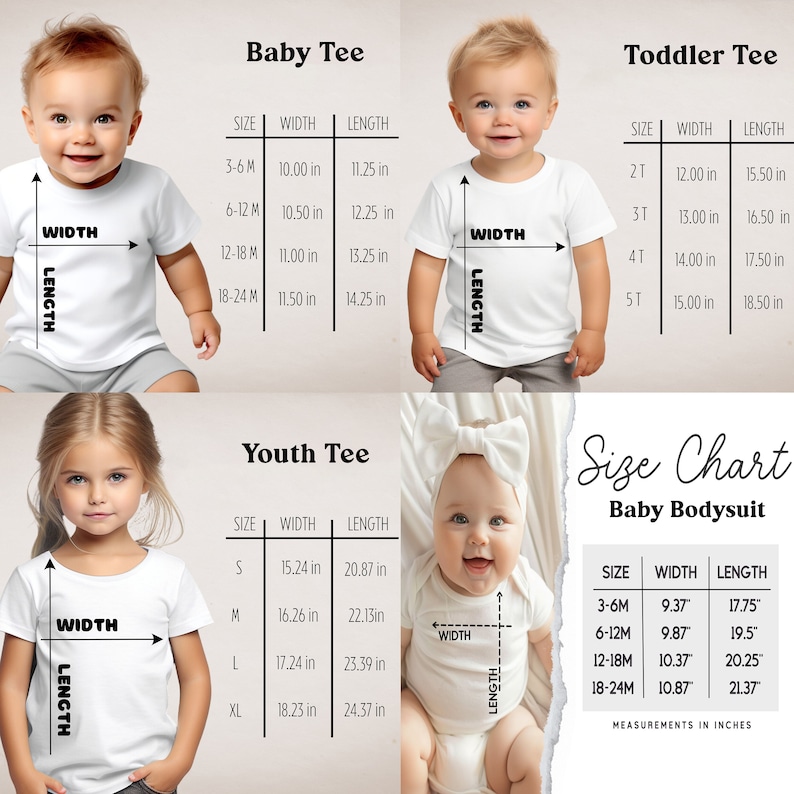 May include: Size chart for baby and toddler clothing, including baby tees, toddler tees, youth tees, and baby bodysuits. The chart shows the size, width, and length measurements in inches.