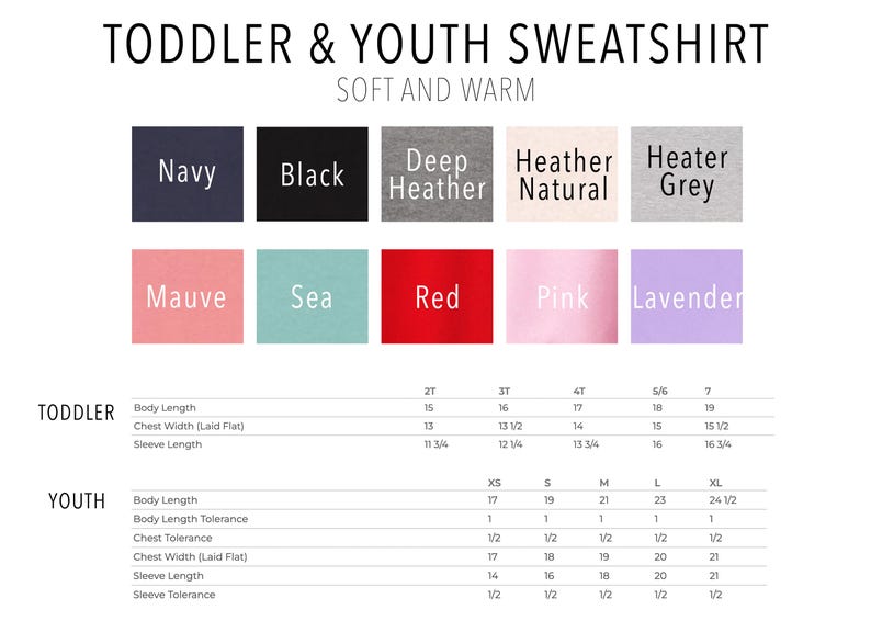 Puede incluir: Un gr&aacute;fico que muestra las opciones de color y las medidas de talla para sudaderas para ni&ntilde;os peque&ntilde;os y j&oacute;venes. Los colores son azul marino, negro, gris jaspeado oscuro, gris jaspeado natural, gris jaspeado claro, malva, azul marino, rojo, rosa y lavanda. Las tallas son 2T, 3T, 4T, 5/6, 7, XS, S, M, L y XL.