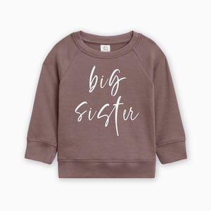 May include: A mauve sweatshirt with the text "big sister" in white script.
