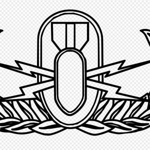 Könnte beinhalten: Eine Schwarzweiß-Zeichnung eines militärischen Abzeichens mit einer Bombe, Blitzen und einem Kranz.