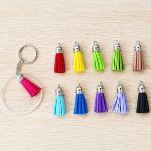 May include: A clear circular acrylic keychain with a silver metal ring and a hot pink faux suede tassel, accompanied by ten individual colorful faux suede tassels with silver metal caps in red, yellow, lime green, green, beige, turquoise, blue, purple, lavender, and black.