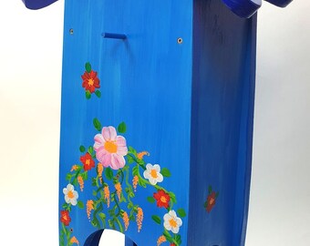 Vogelhaus Nistkasten mit Futterstelle aus Holz handbemalt 32x21x64cm blau