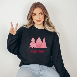 Pink Christmas Christmas Tree Sweatshirt. Rockin Around the Christmas Tree Hoodie. Unisex Adult Holiday shirt. Minimal Merry Xmas Crew.