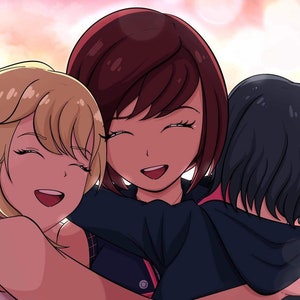 May include: Three anime-style female characters with different colored hair are hugging each other. They are all smiling and have their eyes closed. The background is a pink and orange sunset.