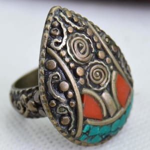 Vintage Handmade Tibetan Nepal Ring with Turquoise, Coral and Lapis Lazuli, Boho Ethnic Thumb Ring, Statement Jewelry