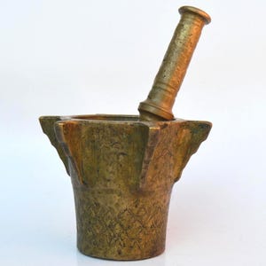 Antique Moroccan Brass Mortar and Pestle Set: 1900s Copper Mehraz