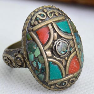 Handmade Tibetan Turquoise and Red Coral Ring, Tribal Silver Statement Jewelry, Bohemian Wedding Ring for Him and Her, Nepal Craft