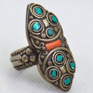 Vintage Tibetan Turquoise Ring – Handmade Thumb Ring, Boho Ethnic Jewelry