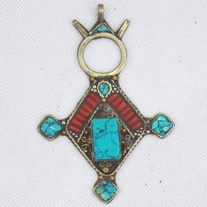 Handmade Tuareg Southern Cross Necklace, Vintage Berber Pendant with Turquoise and Coral, Ethnic Jewelry