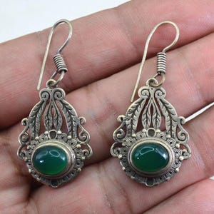Boho Vintage Moroccan Silver Earrings with Green Gemstone, Berber Tribal Handcrafted Jewelry, Statement Piece, gift for her