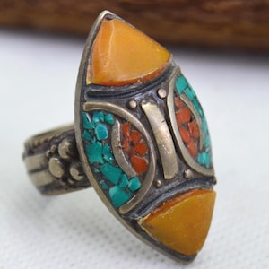 Handmade Tibetan Turquoise and Red Coral Ring, Tribal Silver Statement Wedding Ring for Him & Her
