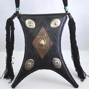 Large Tuareg Talisman Amulet – Vintage Leather Tcherot Necklace with Silver and Brass from Mali Bohemian Ethnic Tribal jewelry