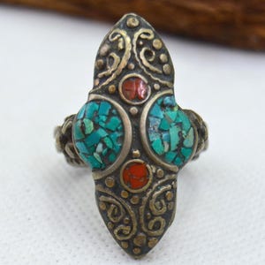 Vintage Handmade Tibetan Nepal Ring - Turquoise, Coral and Lapis Lazuli Thumb Ring, Boho Ethnic Jewelry, Size 8 1/2 US
