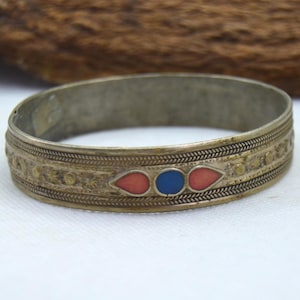 Antique Kabyle Berber Bracelet Silver Enamel Cuff Moroccan Tribal Jewelry Vintage Handmade North African Bangle Gift for Her Ethnic