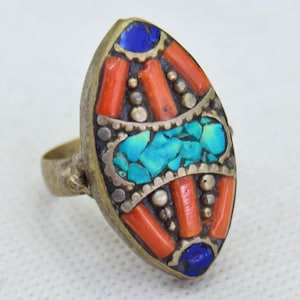 Vintage Tibetan Turquoise and Coral Ring – Handmade Boho Jewelry