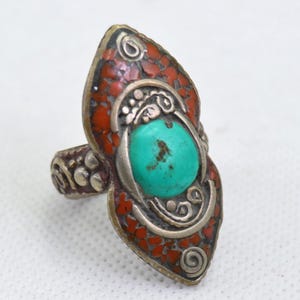 Vintage Tibetan Turquoise Coral Ring – Handmade Nepal Jewelry, Boho Statement Thumb Ring, unisex Gift