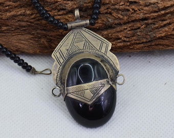 Tuareg Southern Cross Necklace with Silver and Stone, Black Onyx Beads , Geometric Pendant, Boho Jewelry, Bohemian Jewelry