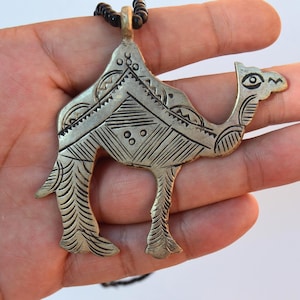 Ethnic Tuareg Necklace With Black Beads, Handmade Silver Camel Pendant, African Jewelry