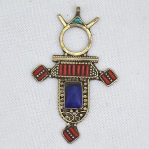 Ethnic Berber Tuareg Necklace – Vintage Handmade Southern Cross Pendant with Turquoise & Coral