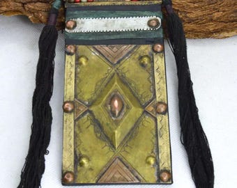 TCHEROT Large Tuareg Leather and Bronze Amulet Necklace Pendant, Tamashek Talisman, Berber jewelry
