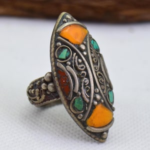 Vintage Handmade Tibetan Nepal Ring – Turquoise, Coral and Lapis Lazuli Thumb Ring, Boho Ethnic Jewelry, Size 7 1/4 US