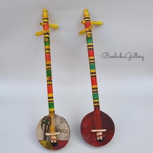 2 Small Guenbri Music Instruments with Strings, Handmade Sintir Spiritual Instruments, Wood Carving Folk Art, Professional Cow Horn Sound