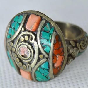 Vintage Tibetan Silver Thumb Ring with Turquoise and Coral Inlays, SIZE 9 US