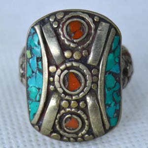 Vintage Tibetan Silver Ring, Turquoise, Coral Inlays , Handmade Jewelry, SIZE 10 US