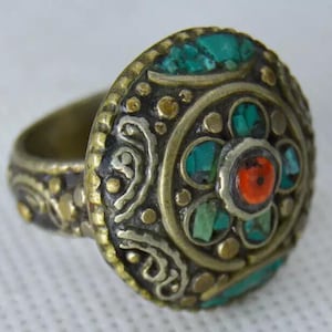 Ancient Tibetan Silver Ring with Turquoise and Coral Inlays, Handmade Jewelry, SIZE 9 US